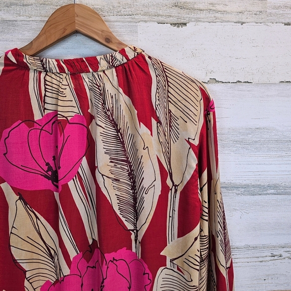 Zara Womens Tropical Floral V-Neck Top Medium Red Relaxed Beachy Coconut Girl - Picture 9 of 12